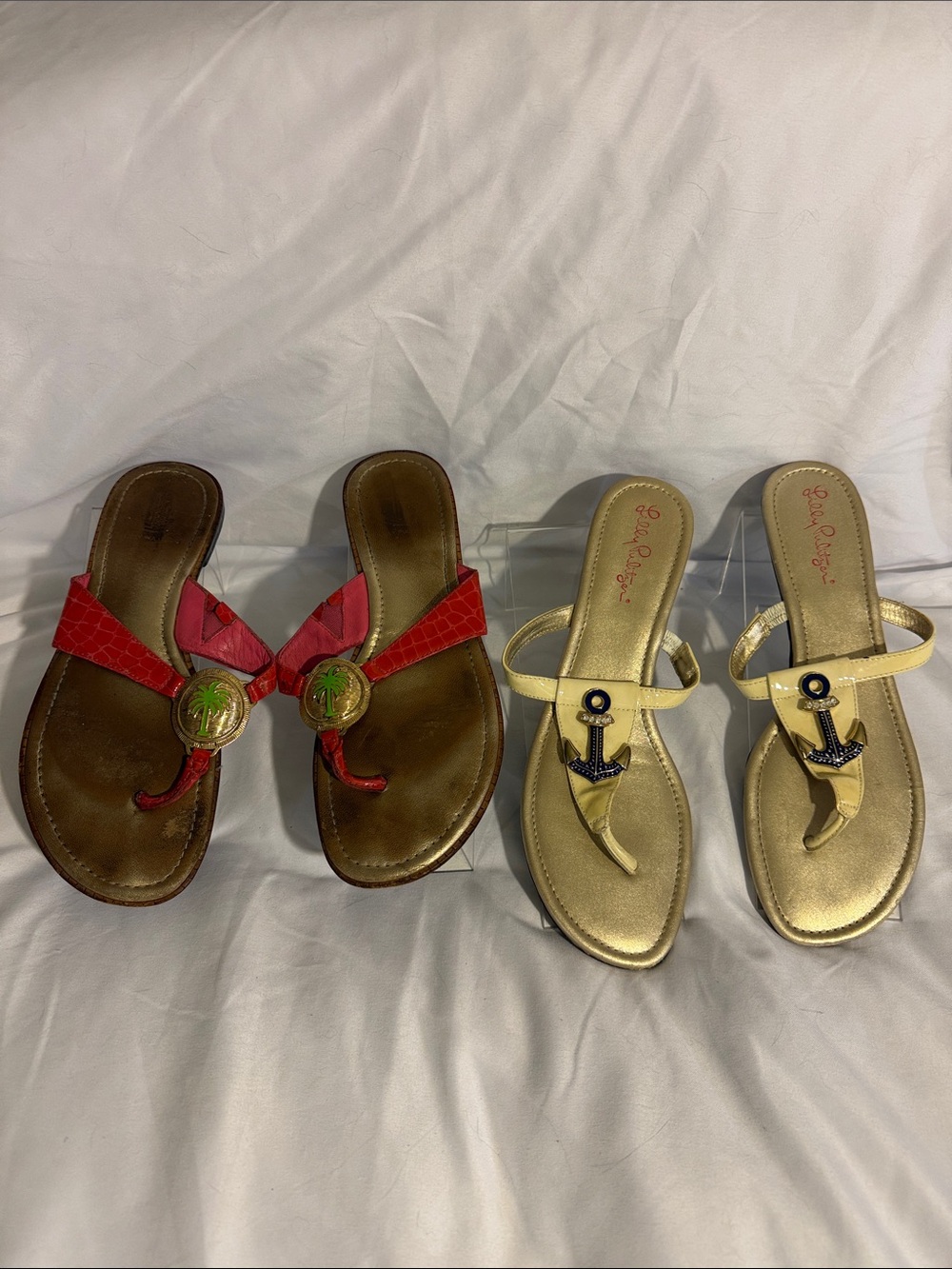 Lilly Pulitzer Pink & Gold Palm and Gold Anchor Thong Sandals